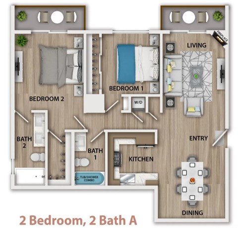A floor plan of a 2 bedroom, 2 bath apartment.